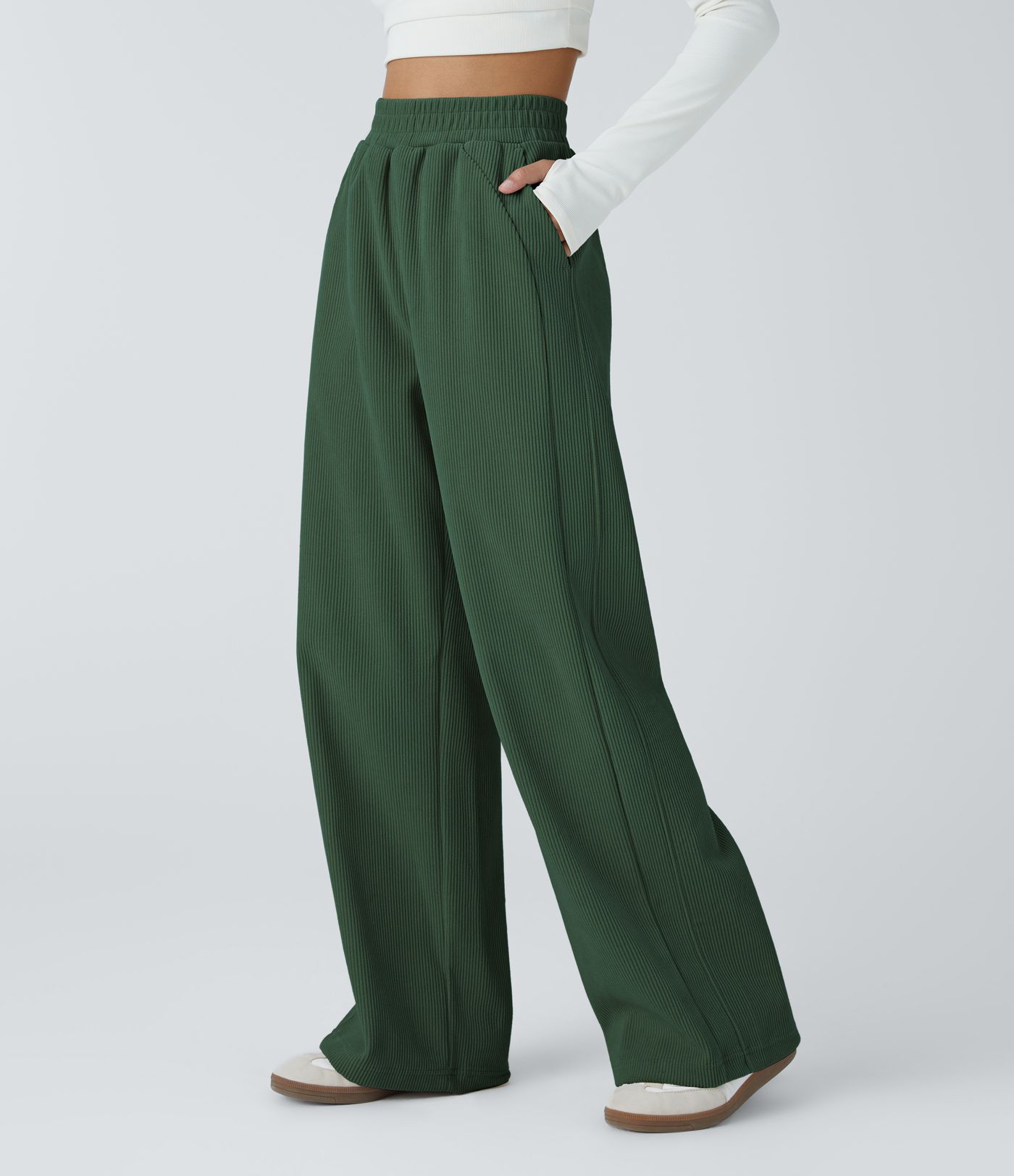 High Waisted Pocket Straight Leg Mop Corduroy Casual Trousers