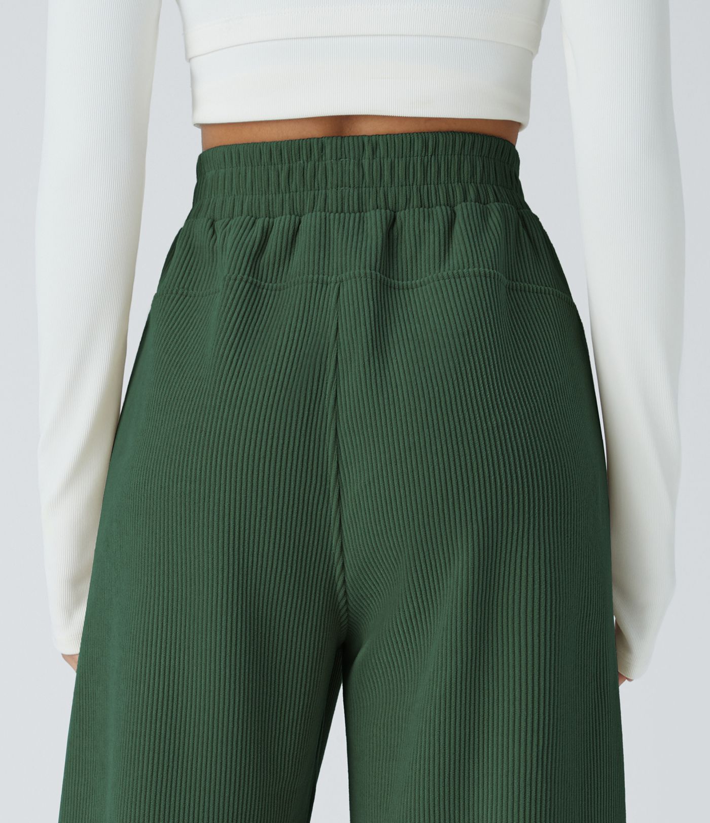 High Waisted Pocket Straight Leg Mop Corduroy Casual Trousers