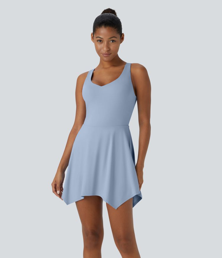 V Neck Backless 2-in-1 Side Pocket Flowy Mini Tennis Active Dress