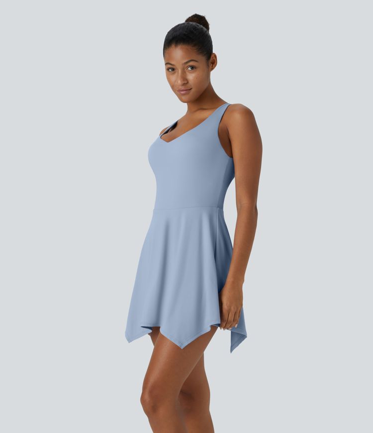 V Neck Backless 2-in-1 Side Pocket Flowy Mini Tennis Active Dress