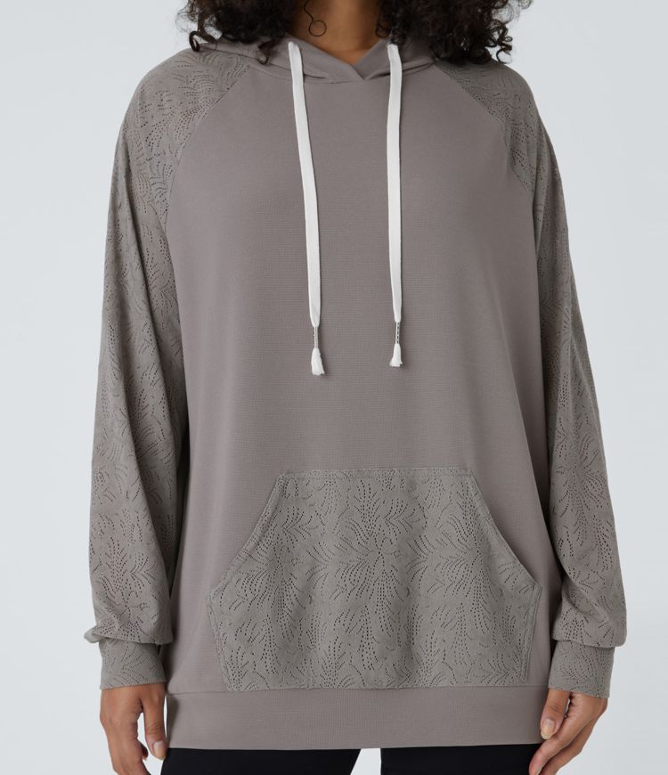 Hooded Drawstring Long Sleeve Kangaroo Pocket Contrast Lace Waffle Casual Hooded Sweatshirt