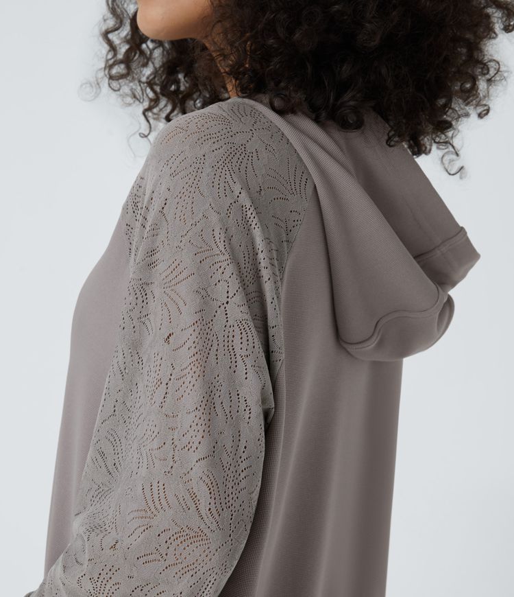 Hooded Drawstring Long Sleeve Kangaroo Pocket Contrast Lace Waffle Casual Hooded Sweatshirt