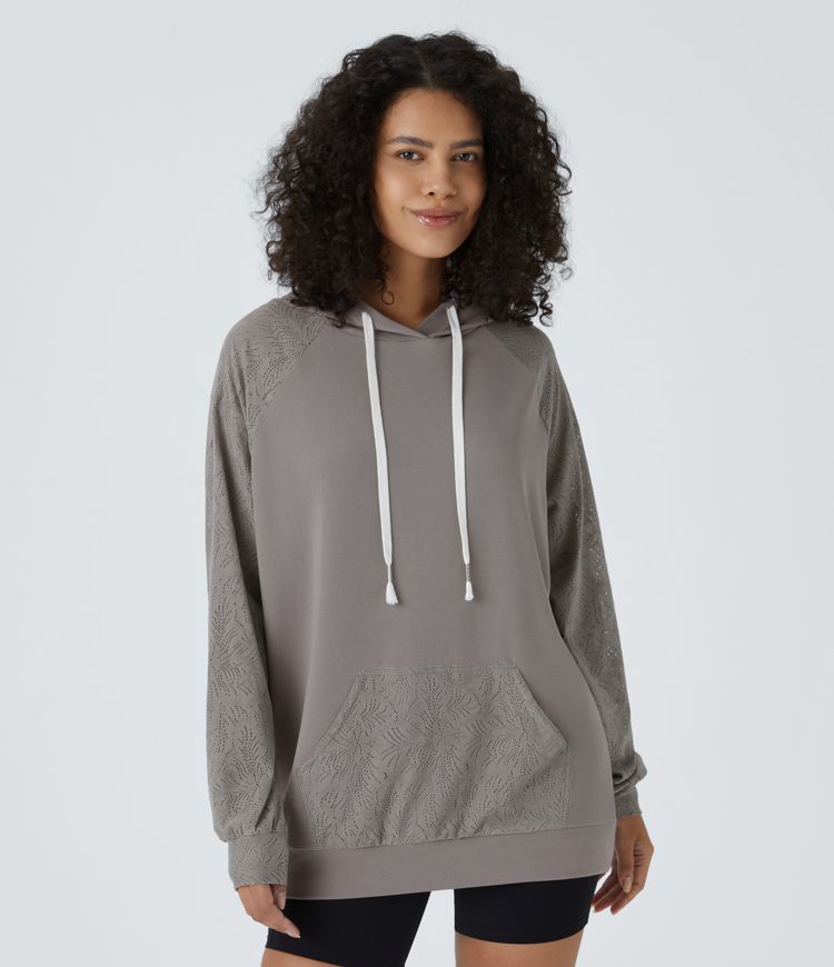 Hooded Drawstring Long Sleeve Kangaroo Pocket Contrast Lace Waffle Casual Hooded Sweatshirt