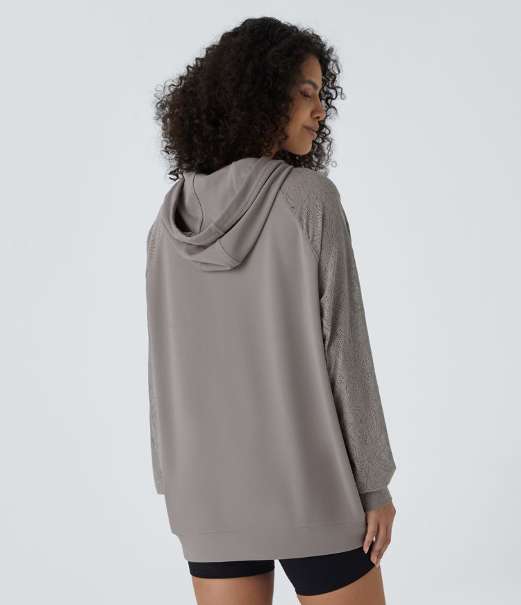 Hooded Drawstring Long Sleeve Kangaroo Pocket Contrast Lace Waffle Casual Hooded Sweatshirt