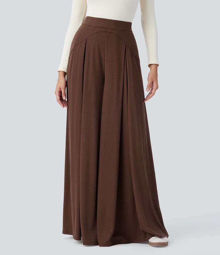 Plissierte Palazzohose aus geripptem Strick mit superhohem Bund, Seitentaschen und weitem Bein