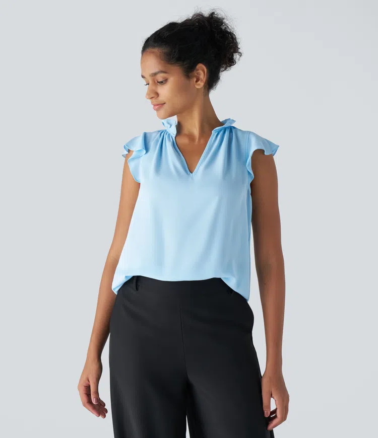 V-neck sleeveless ruffle office blouse