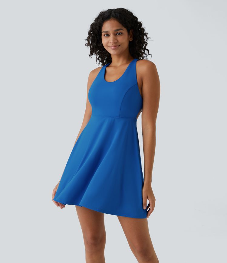 Crisscross Backless Flare 2-Piece Pocket Dance Active Dress