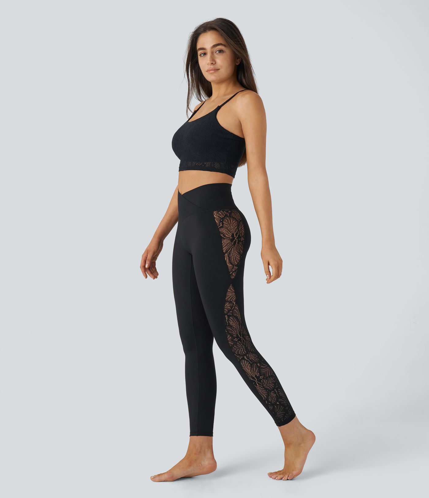 Softlyzero™ High Waisted Crossover Contrast Lace Back Pocket Yoga Leggings-UPF50+