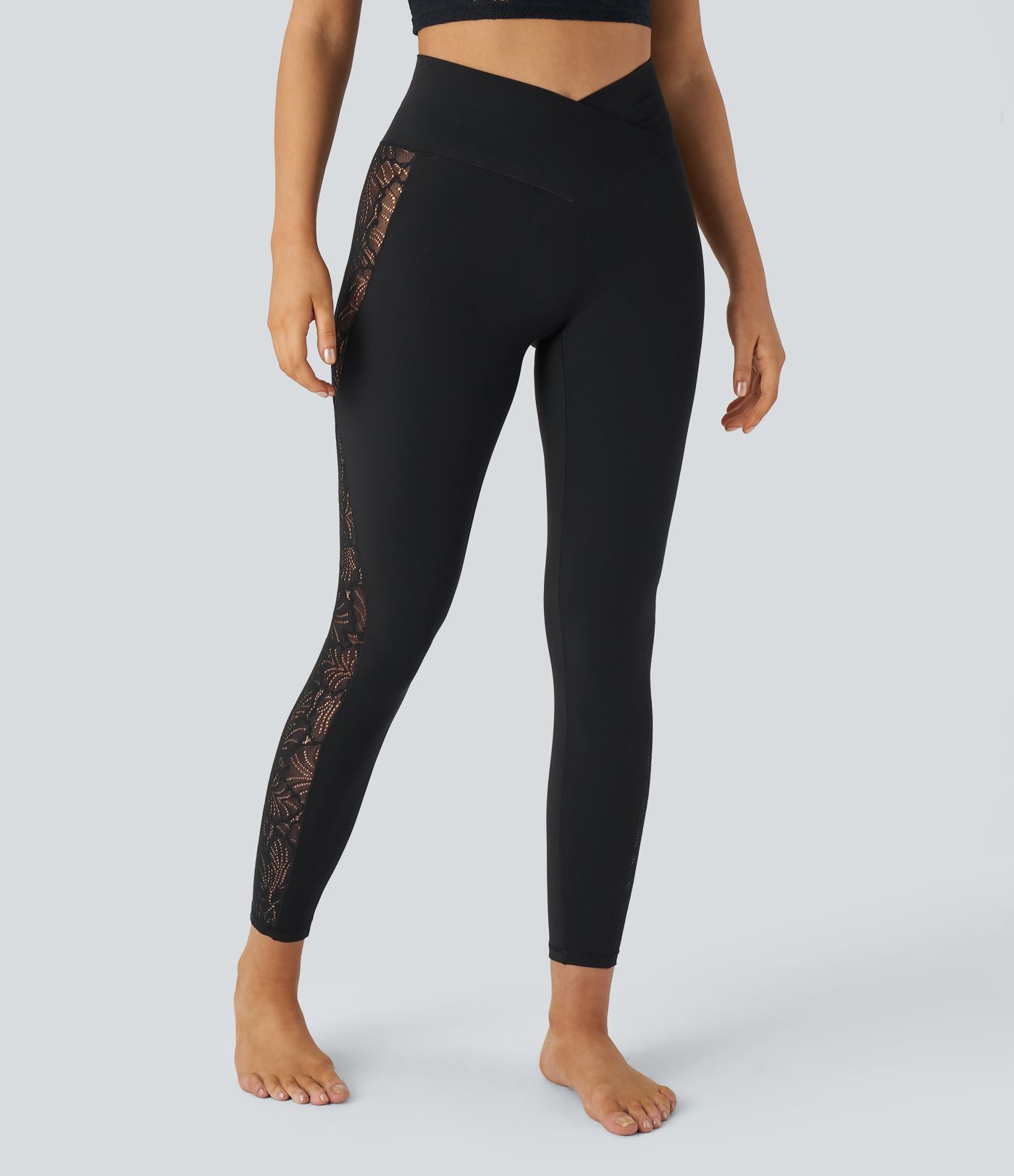 Softlyzero™ High Waisted Crossover Contrast Lace Back Pocket Yoga Leggings-UPF50+