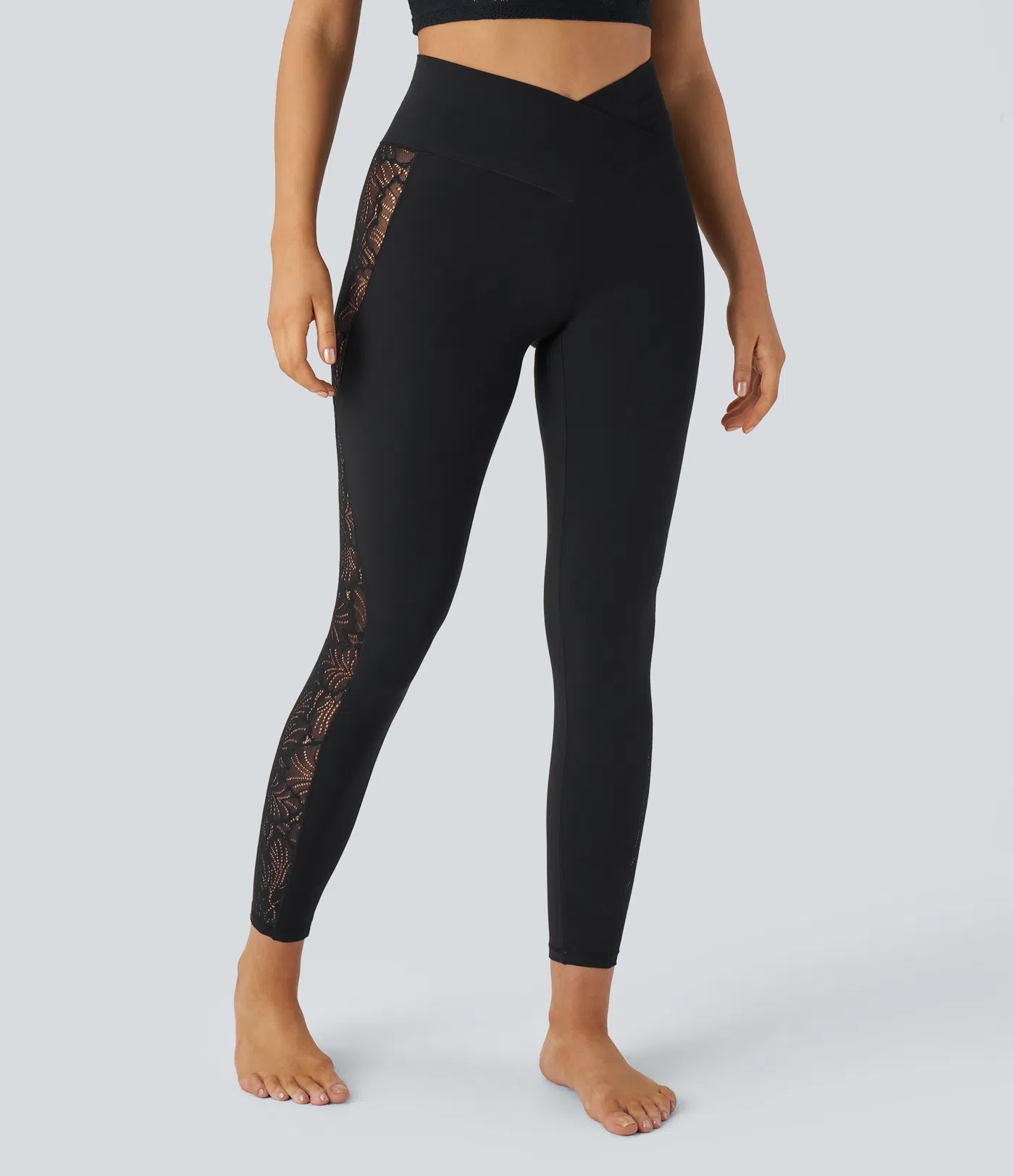 Softlyzero™ Yoga-Leggings mit hohem Bund und überkreuzter Spitze in Kontrastfarbe, Gesäßtasche, 7/8-Länge