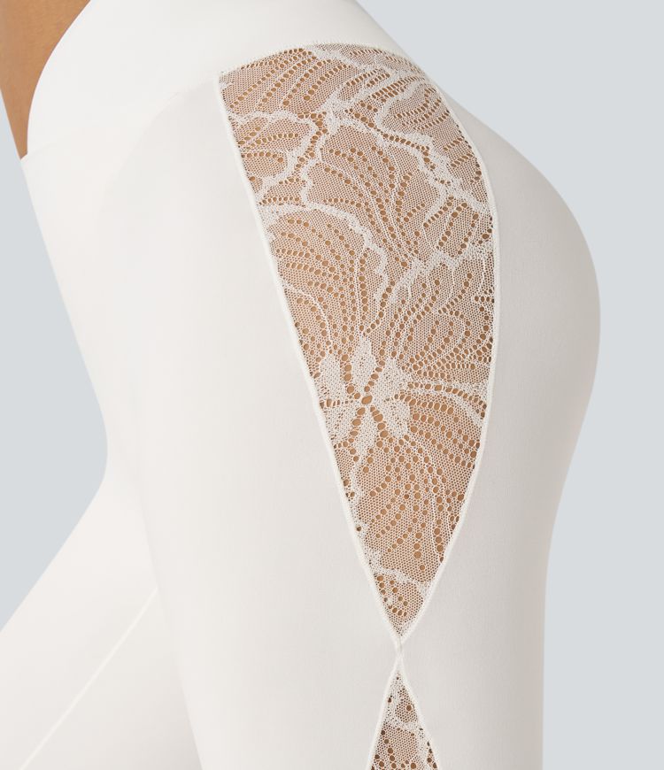 Softlyzero™ High Waist Crossover Contrast Lace Yoga 7/8 Leggings - UPF50+