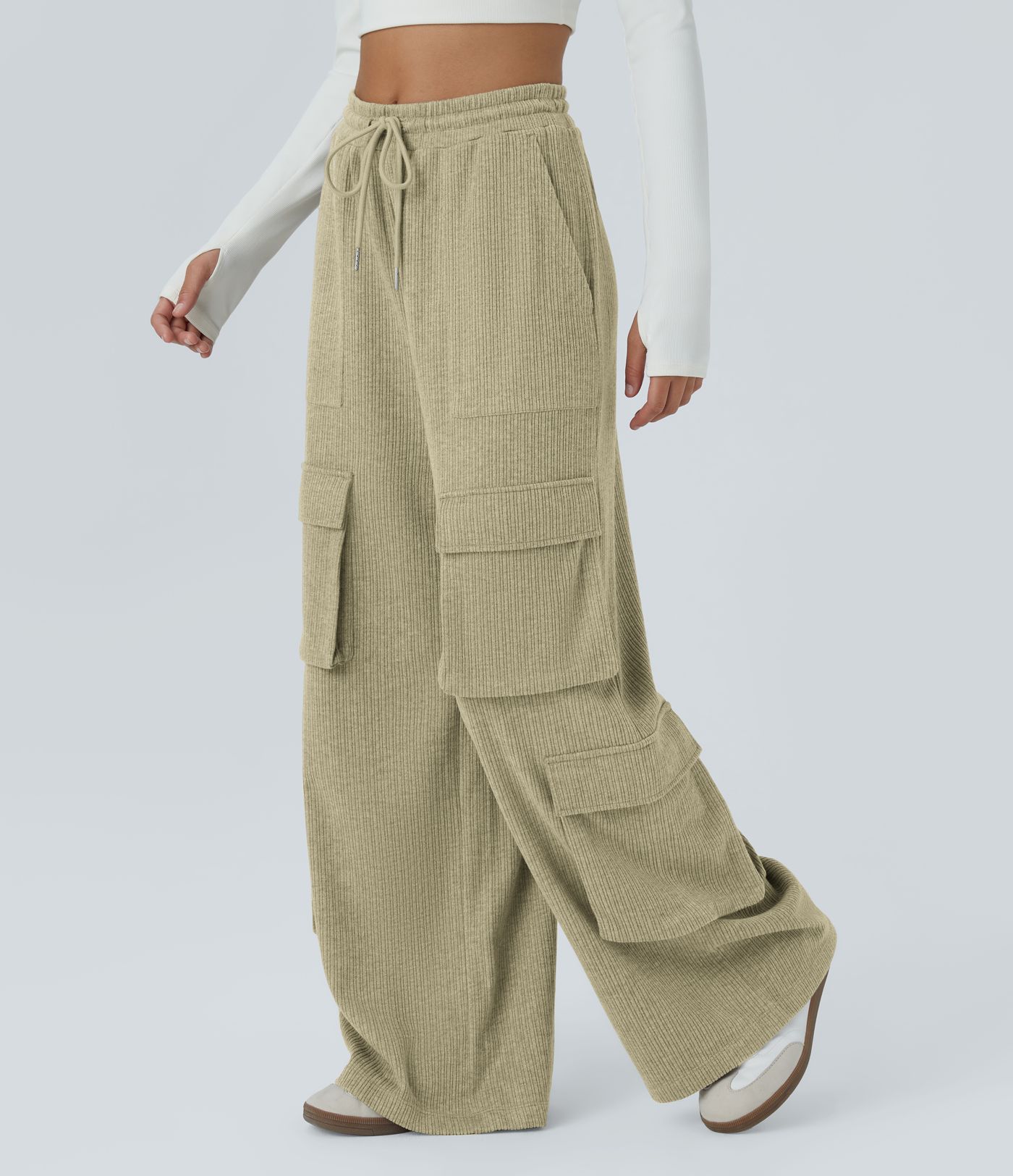 Ribbed Mid Rise Drawstring Pockets Wide Leg Cargo Casual Pants