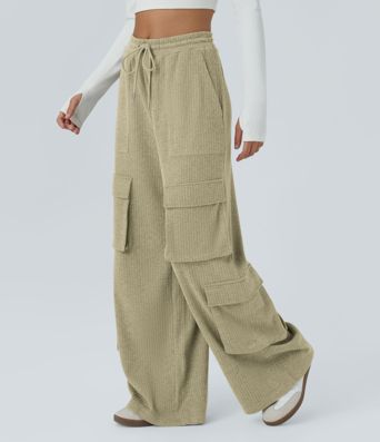 Ribbed Mid Rise Drawstring Pockets Wide Leg Cargo Casual Pants