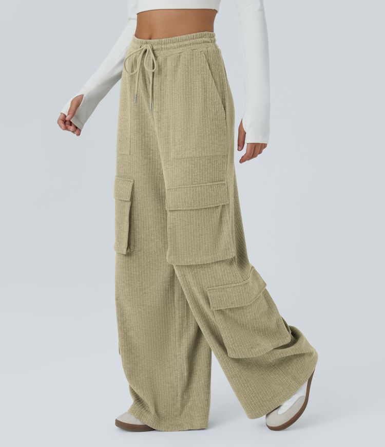 Ribbed Mid Rise Drawstring Pockets Wide Leg Cargo Casual Pants