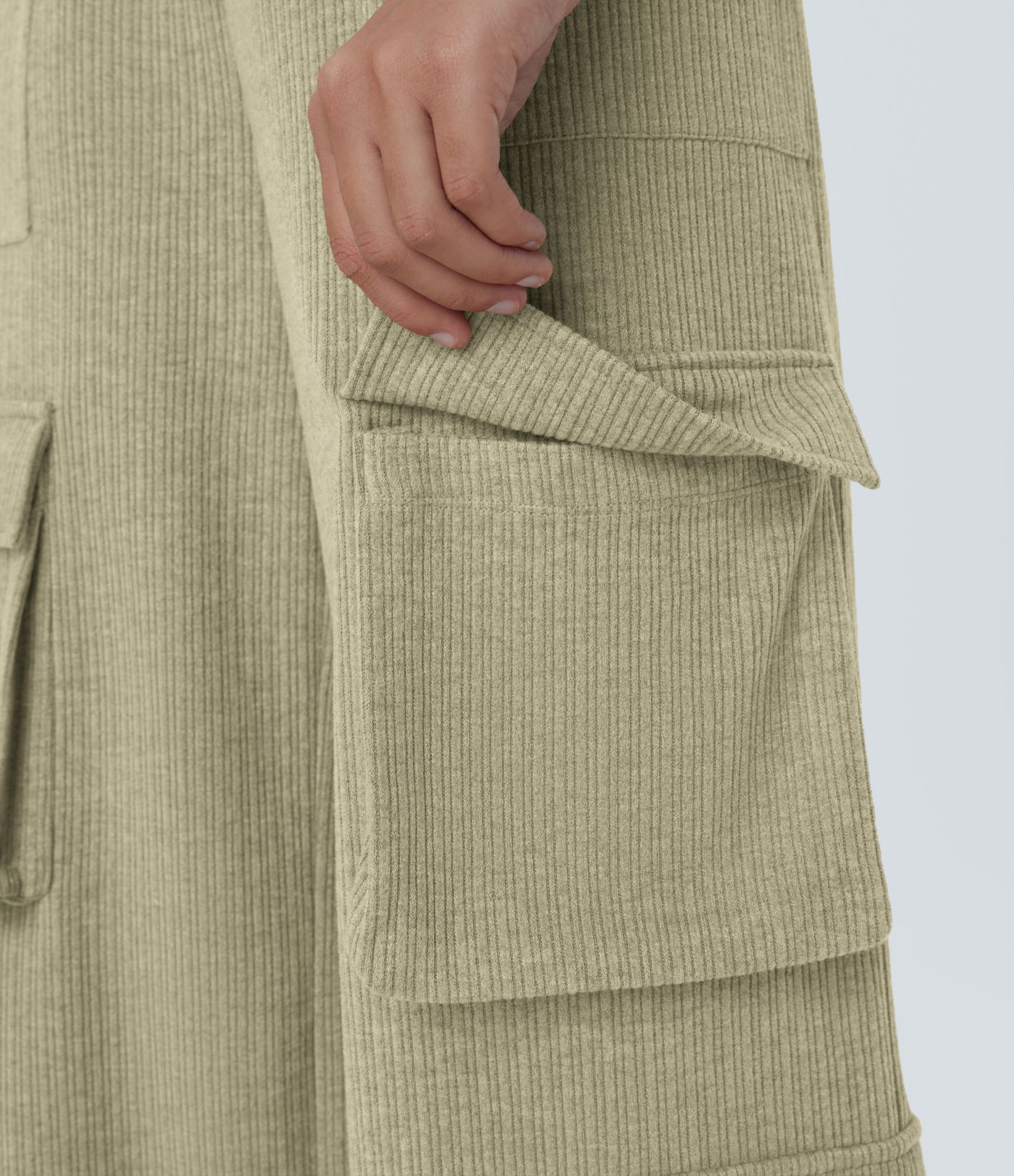 Ribbed Mid Rise Drawstring Pockets Wide Leg Cargo Casual Pants