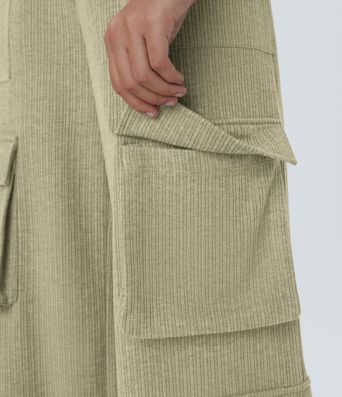 Ribbed Mid Rise Drawstring Pockets Wide Leg Cargo Casual Pants