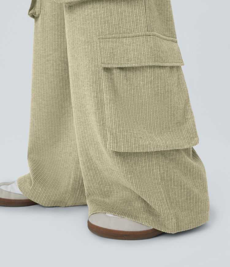 Ribbed Mid Rise Drawstring Pockets Wide Leg Cargo Casual Pants
