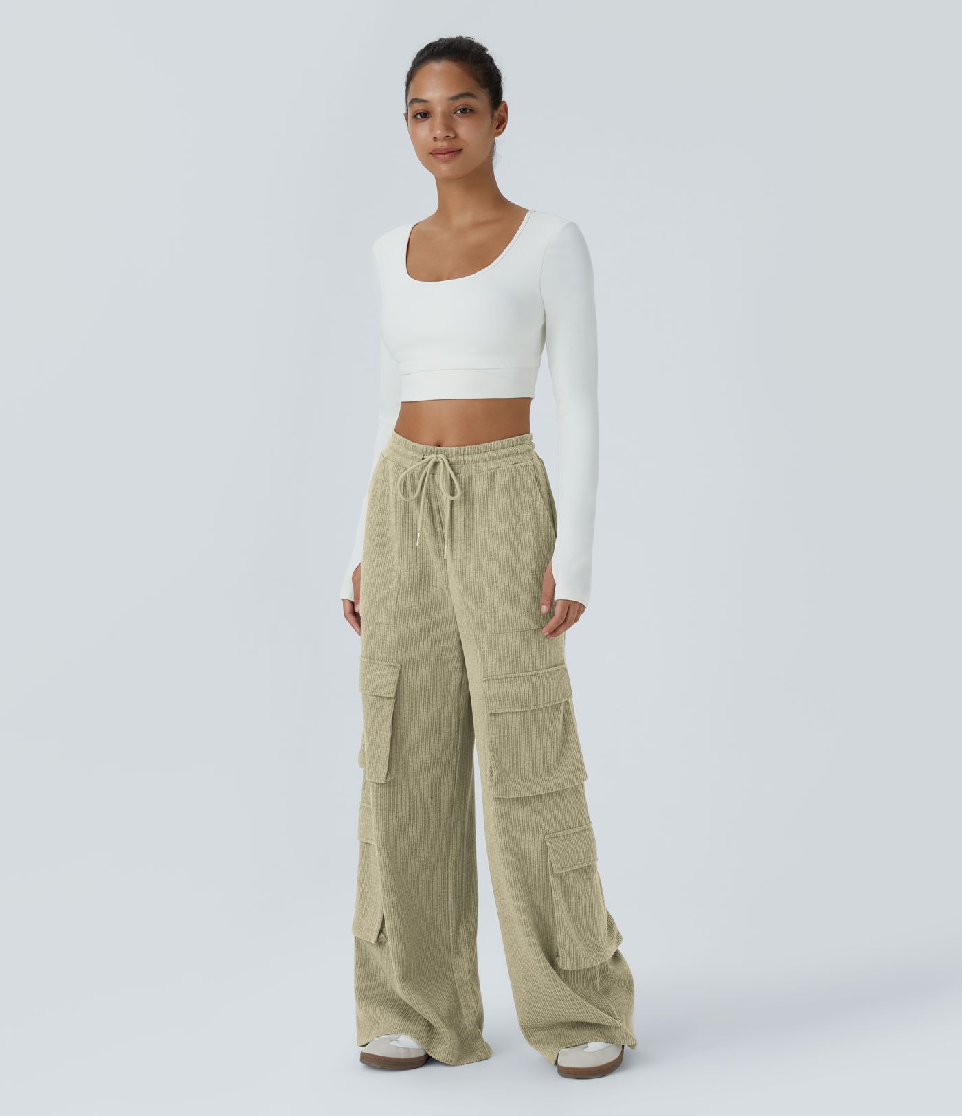Ribbed Mid Rise Drawstring Pockets Wide Leg Cargo Casual Pants