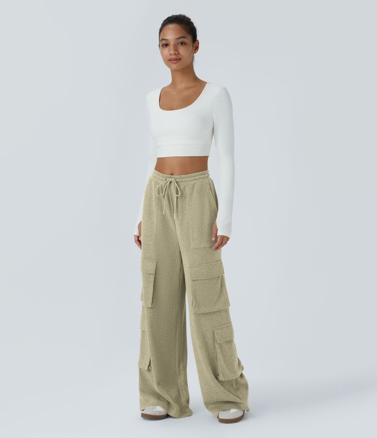 Ribbed Mid Rise Drawstring Pockets Wide Leg Cargo Casual Pants