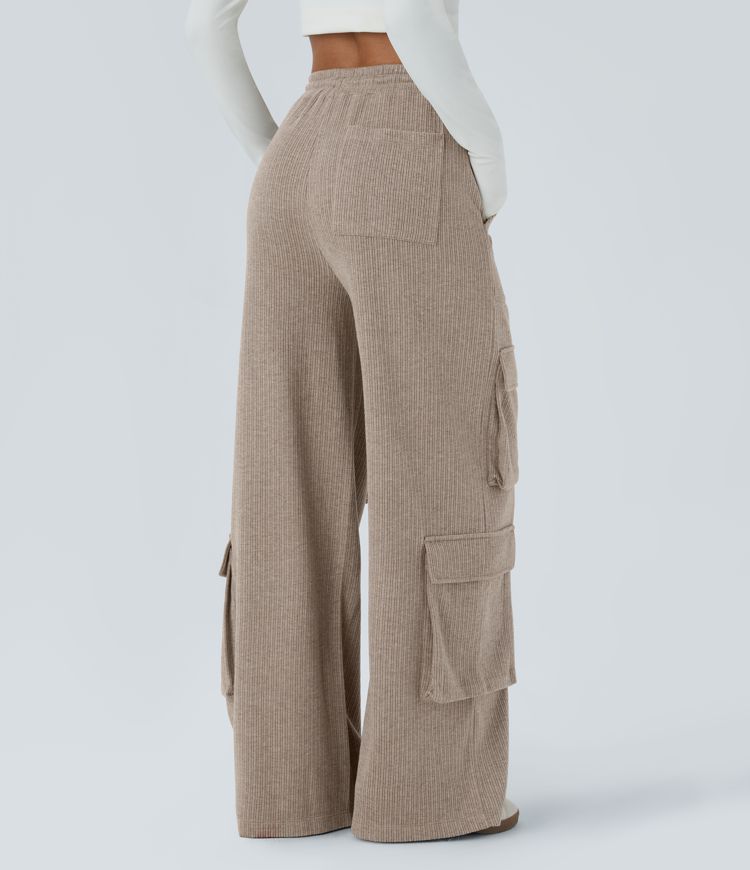 Ribbed Mid Rise Drawstring Multiple Pockets Wide Leg Cargo Casual Pants