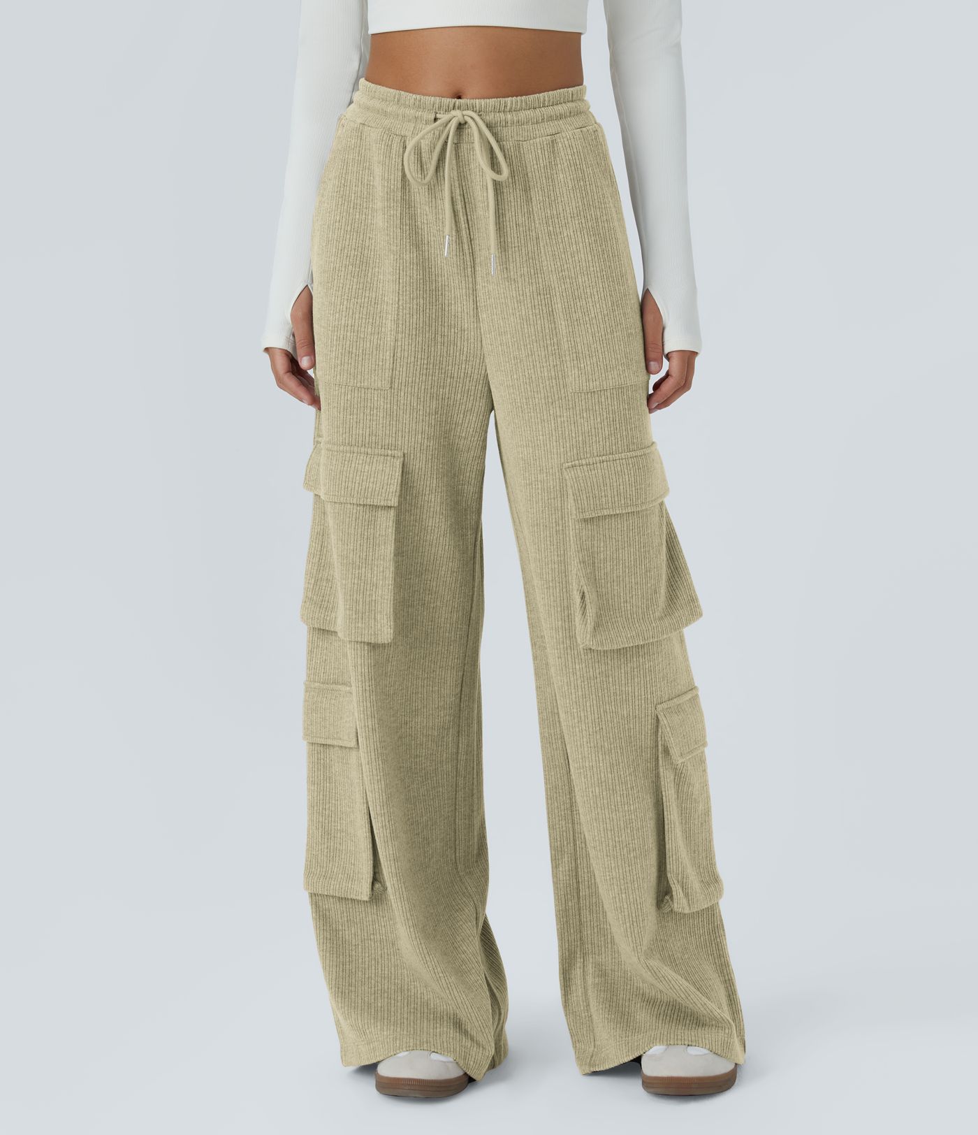Ribbed Mid Rise Drawstring Pockets Wide Leg Cargo Casual Pants