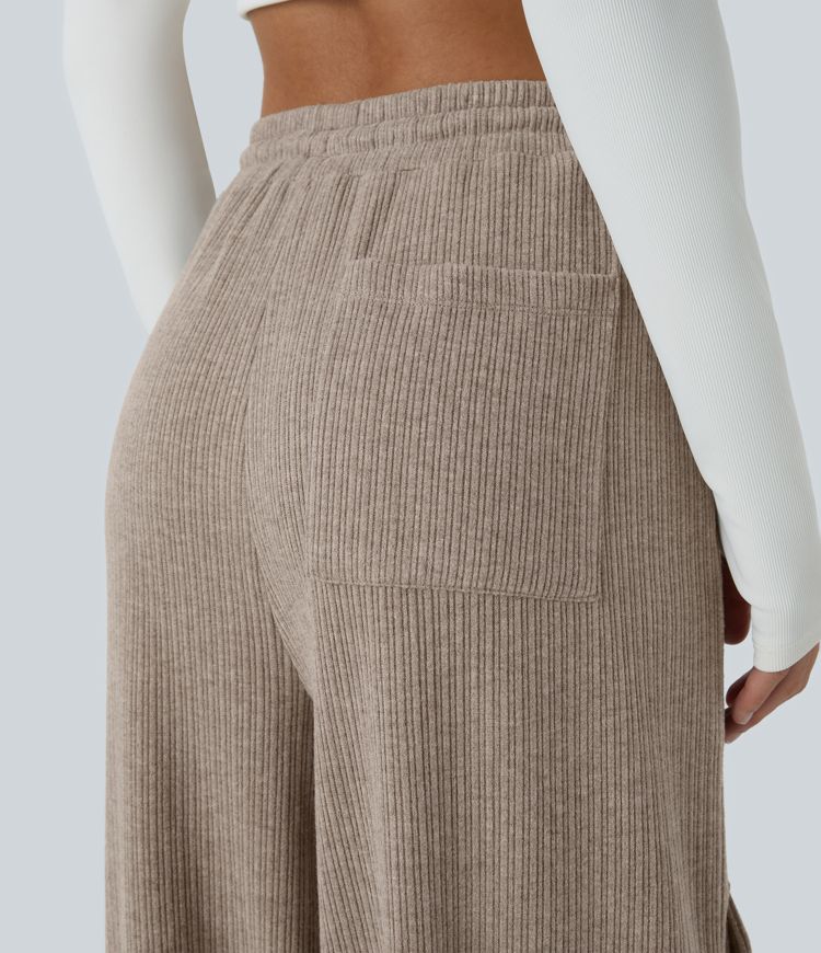 Ribbed Mid Rise Drawstring Pockets Wide Leg Cargo Casual Pants