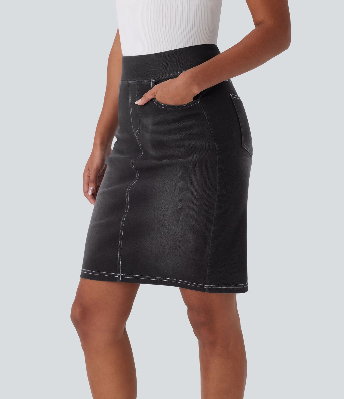 Halara Flex™ Falda casual de mezclilla lavada con bolsillos y cintura alta