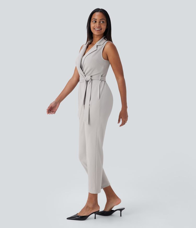 Notched Collar Sleeveless Side Pockets Belted Tapered Work Jumpsuit