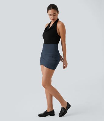 High Waisted Bodycon Pocket 2-in-1 Mini Ruched Casual Skirt