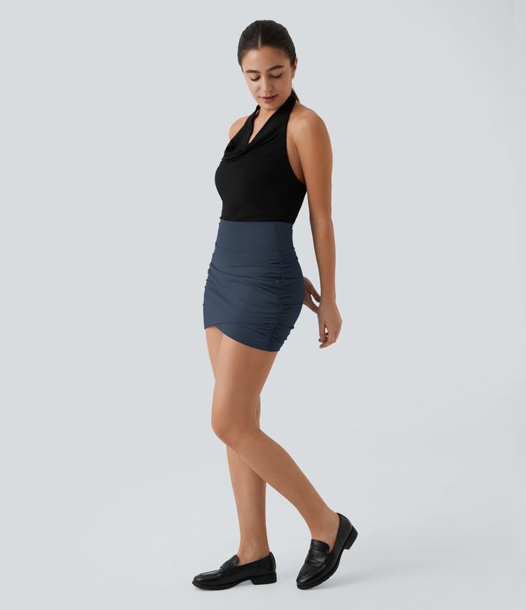 High Waisted Bodycon Pocket 2-in-1 Mini Ruched Casual Skirt