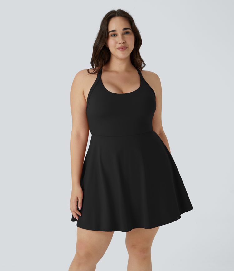 Backless Cut Out Twisted Side Pocket 2-in-1 Exercise Plus Size Dress-Easy Peezy