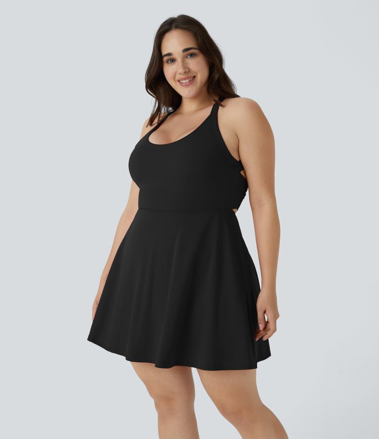 Backless Cut Out Twisted Side Pocket 2-in-1 Exercise Plus Size Dress-Easy Peezy