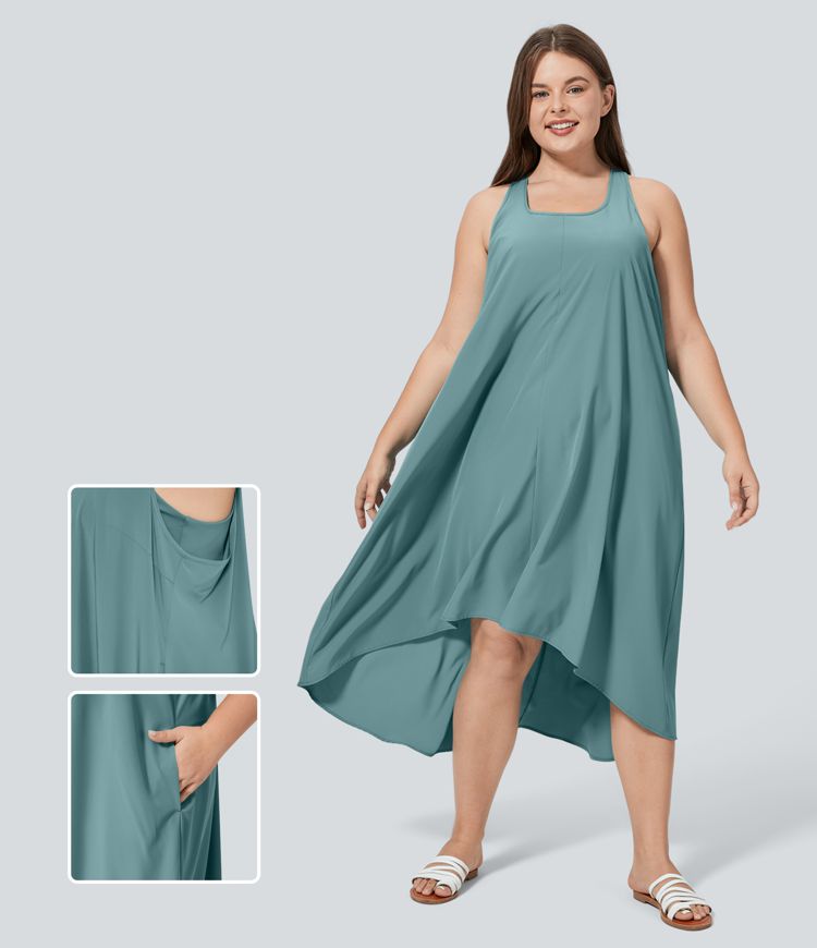 Robe Maxi Femme Débardeur Imprimé Bleu Ciel - Col En V Sans Manches - Taille Grande (4XL) - Style Décontracté Automne
