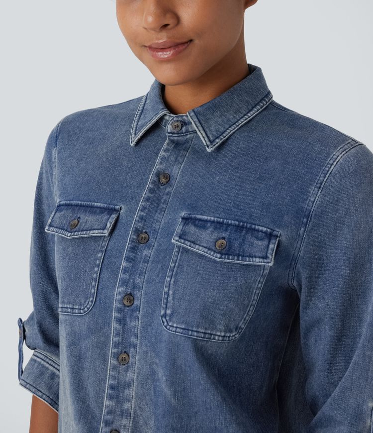 Camisa Halara Flex™ Denim mezclilla elástico tacto fresco bolsillo pecho botón manga larga cuello