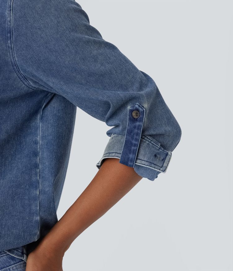 Camisa Halara Flex™ Denim mezclilla elástico tacto fresco bolsillo pecho botón manga larga cuello