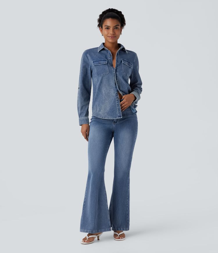 Camisa Halara Flex™ Denim mezclilla elástico tacto fresco bolsillo pecho botón manga larga cuello