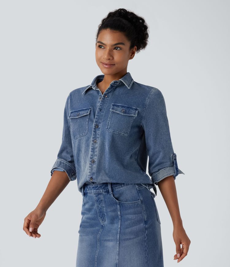 Camisa Halara Flex™ Denim mezclilla elástico tacto fresco bolsillo pecho botón manga larga cuello