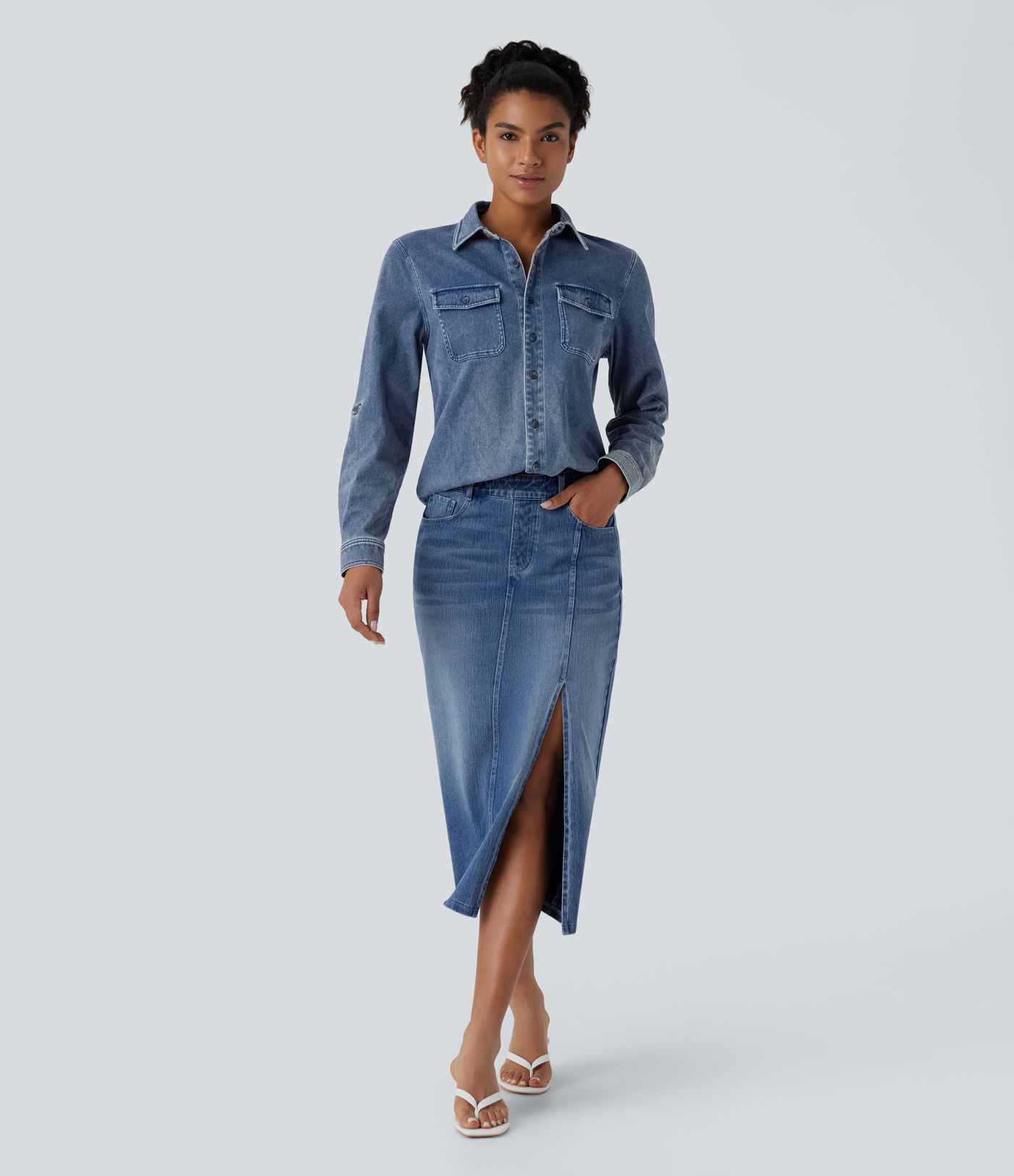 Camisa Halara Flex™ Denim mezclilla elástico tacto fresco bolsillo pecho botón manga larga cuello