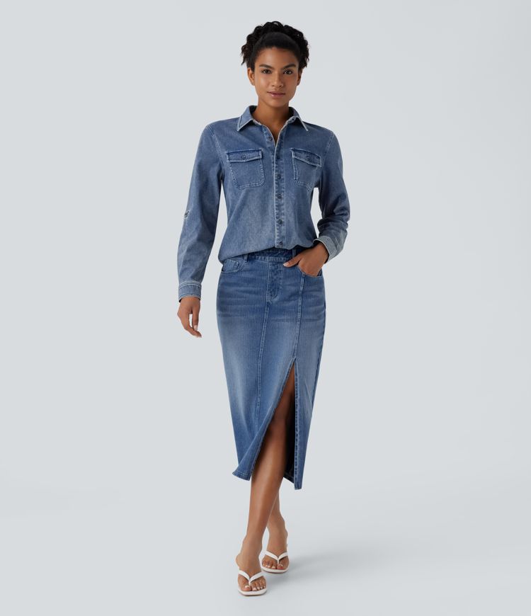 Camisa Halara Flex™ Denim mezclilla elástico tacto fresco bolsillo pecho botón manga larga cuello