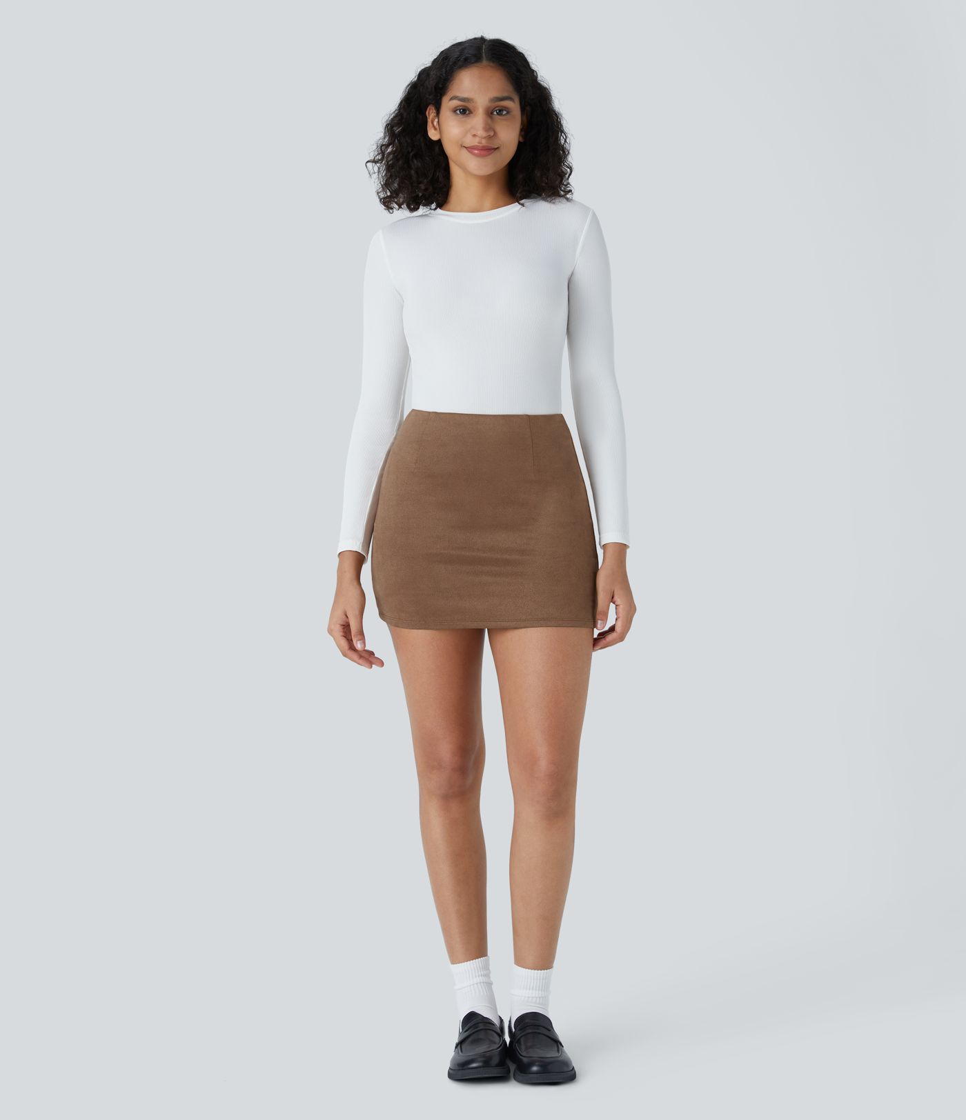 High Waisted 2-in-1 Bodycon Suede Mini Casual Skirt