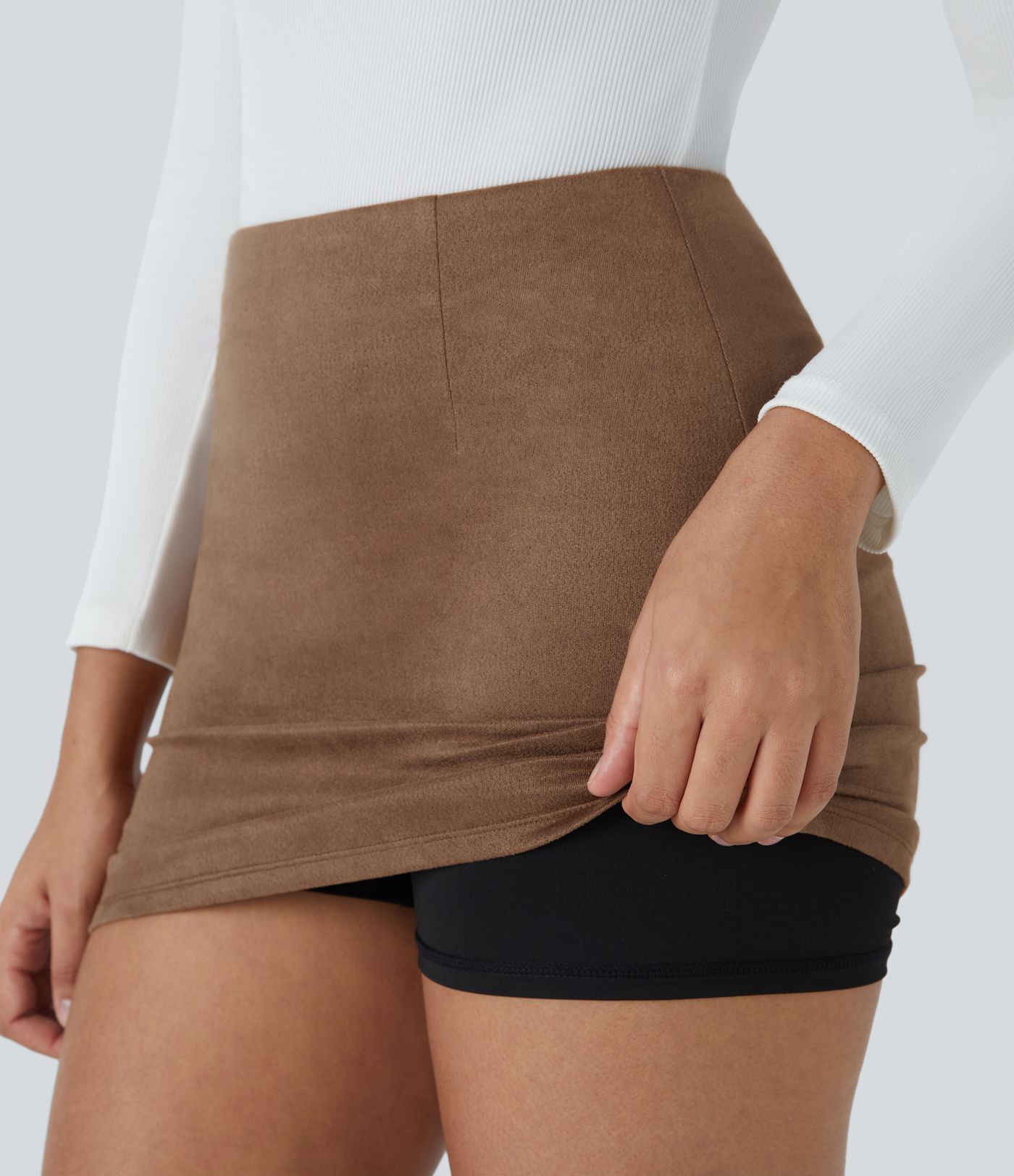 High Waisted 2-in-1 Bodycon Suede Mini Casual Skirt