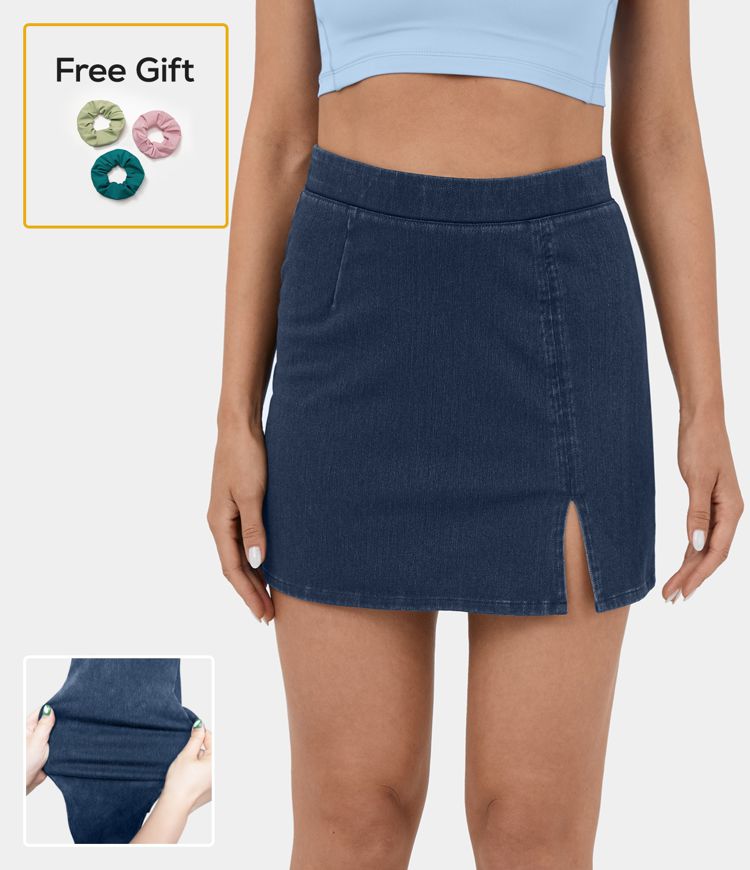 Halara Flex™ Mini-Jupe en Jean Casual Tricot Extensible à Taille Haute avec Ourlet Fendu