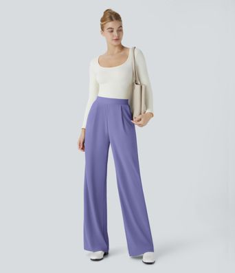 Halara Flex™ Hohe Taille Body Sculpt Taille verschlankende Taschenhose mit weitem Bein und Mikrowaffel-Struktur