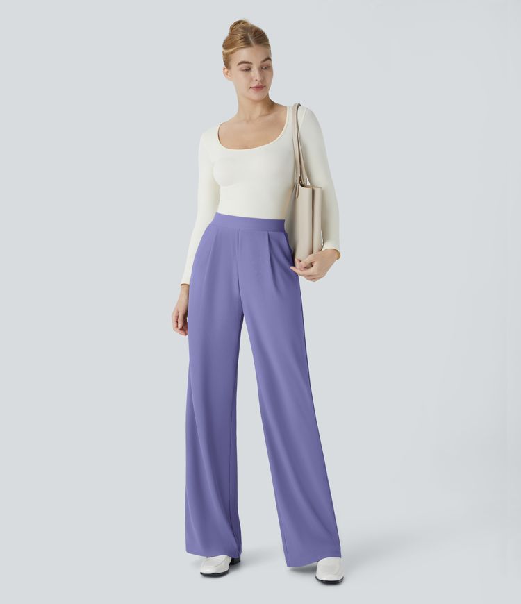 Halara Flex™ Hohe Taille Body Sculpt Taille verschlankende Taschenhose mit weitem Bein und Mikrowaffel-Struktur