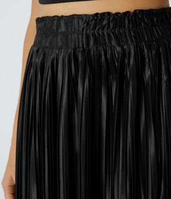 High Waisted Plisse Flowy Maxi Satin-Like Casual Skirt