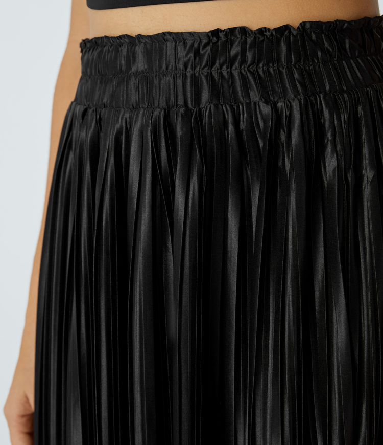 High Waisted Plisse Flowy Maxi Satin-Like Casual Skirt