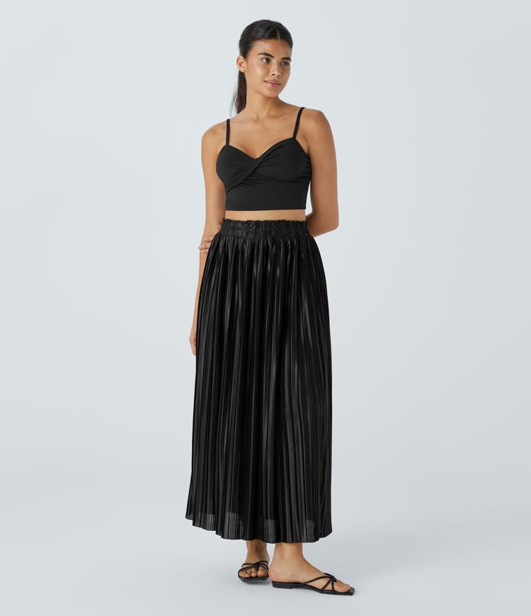 High Waisted Plisse Flowy Maxi Satin-Like Casual Skirt