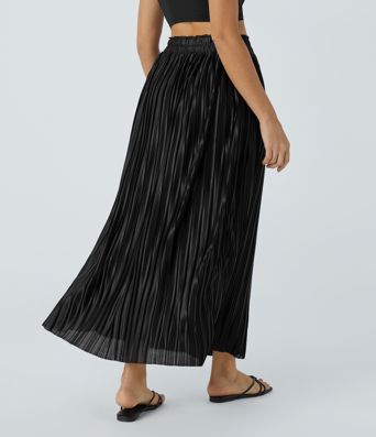 High Waisted Plisse Flowy Maxi Satin-Like Casual Skirt
