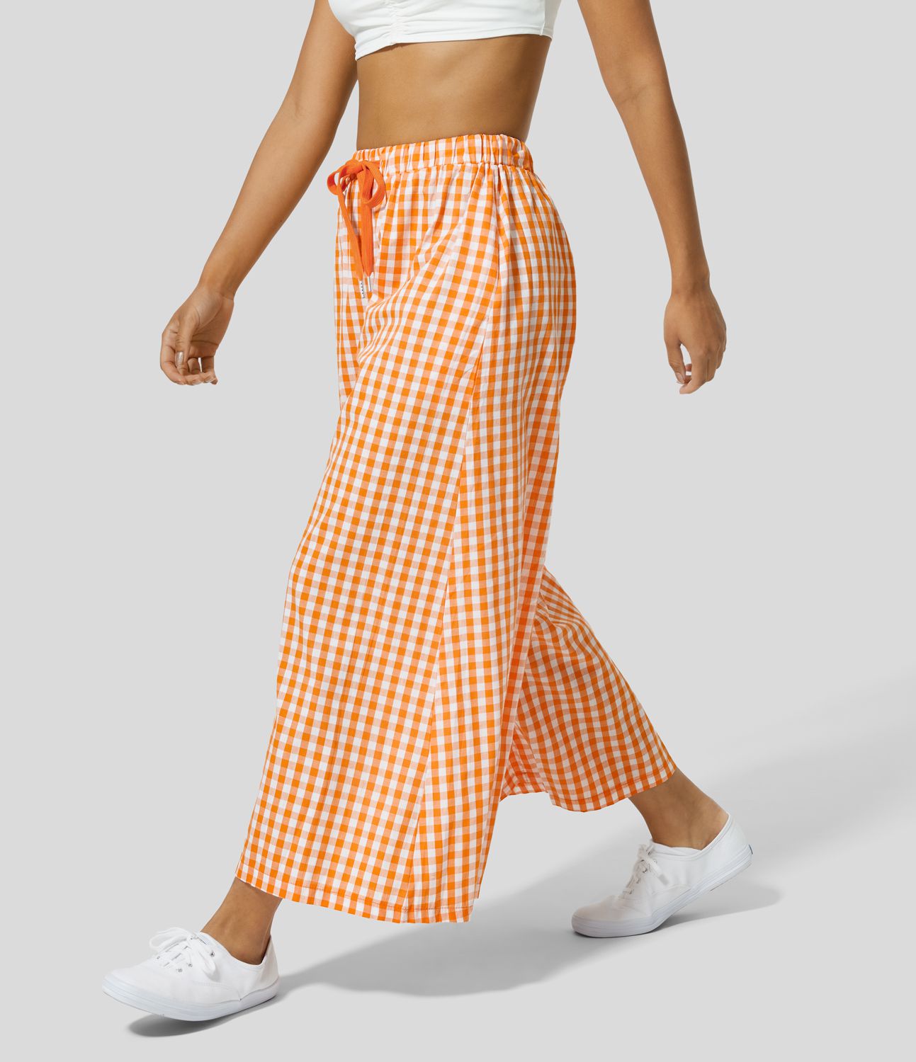 High Waisted Drawstring Side Pocket Gingham Wide Leg Casual Cotton Pants High Waisted Drawstring Side Pocket Gingham Wide Leg Casual Cotton Pants