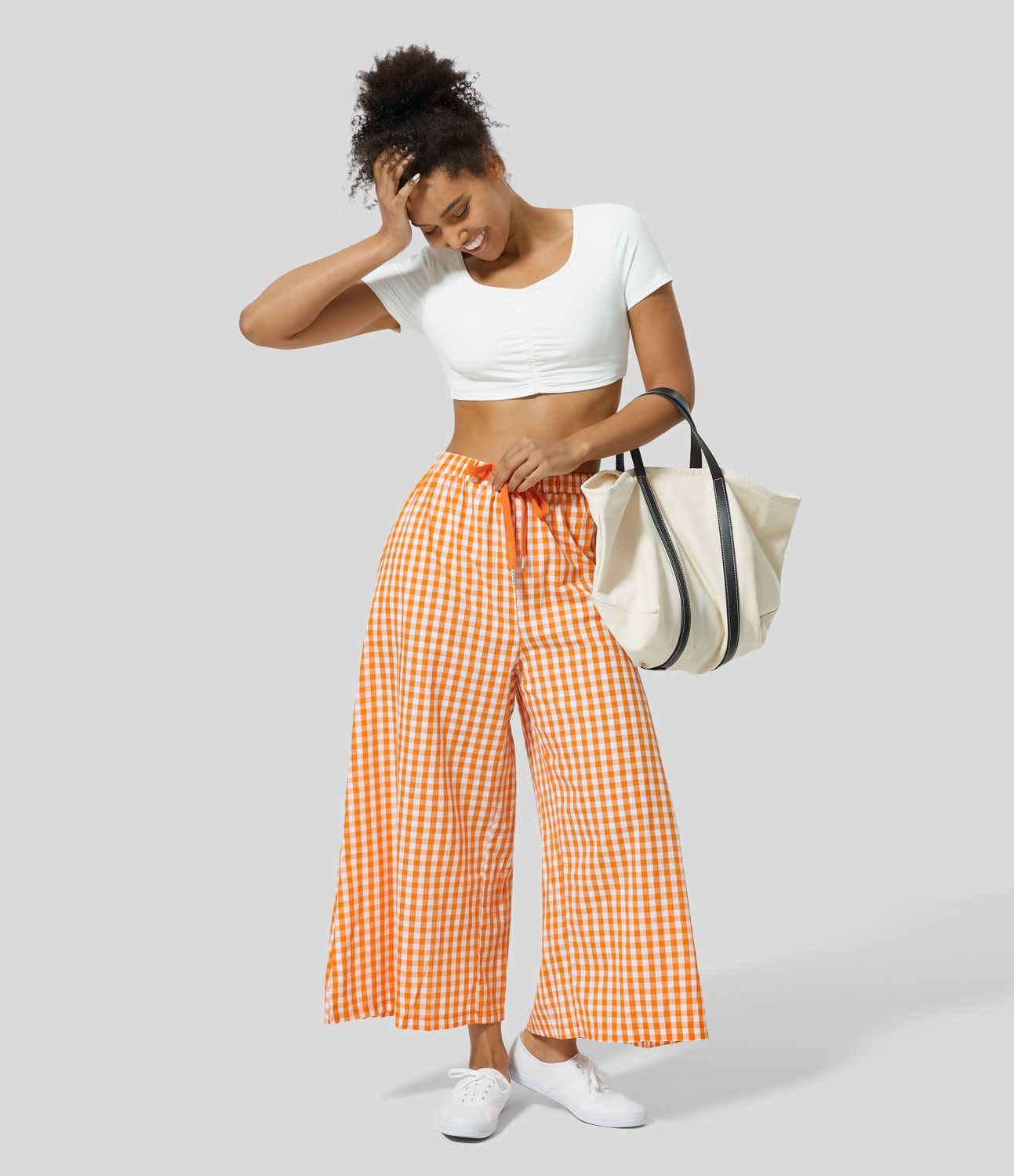 High Waisted Drawstring Side Pocket Gingham Wide Leg Casual Cotton Pants High Waisted Drawstring Side Pocket Gingham Wide Leg Casual Cotton Pants